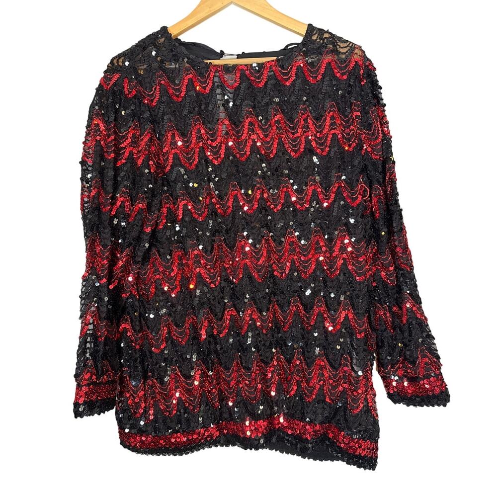 Vintage 80s Sequin Red Black Retro Nylon Blouse Womens Large Christmas Holidays